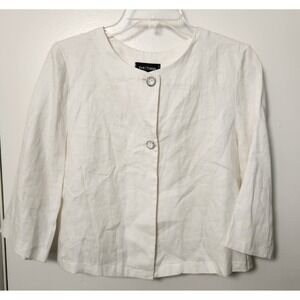 Eva Tralala White Linen French Crop Jacket Top‎ 3/4 Sleeve Bow Pleated Paris Sm